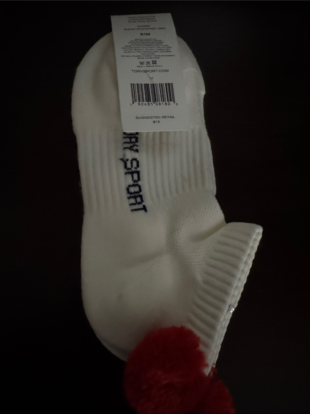 Tory Sport White Ankle Socks with Red Pom Detail
